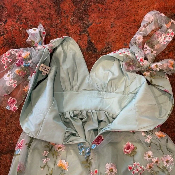 JESSAKAE Margret Sz XS Floral Embroidered Tulle Tiered Maxi Dress Tie Shoulder - Picture 6 of 12